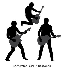 Vector illustration. Silhouettes of musicians playing guitars isolated on a white background.
