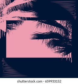 vector illustration of silhouettes of palm trees on a pink and dark blue color. design in a retro style 80s t-shirt, poster, banner and other