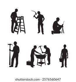 A vector illustration of silhouettes of people, including men, women, a child, and a couple with dogs, sitting, standing, and interacting in various business and casual settings