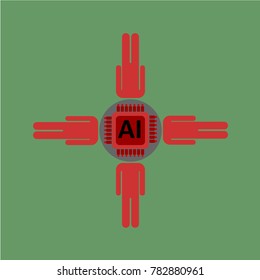 Vector illustration of silhouettes of people linked by the processor with the symbol of artificial intelligence, AI, the idea of computer technology.