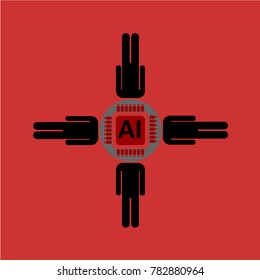 Vector illustration of silhouettes of people linked by the processor with the symbol of artificial intelligence, AI, the idea of computer technology.