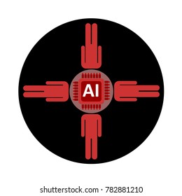 Vector illustration of silhouettes of people linked by the processor with the symbol of artificial intelligence, AI, the idea of computer technology.