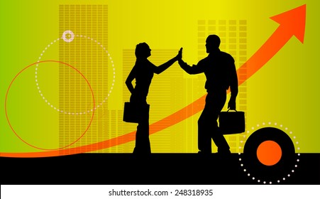 Vector illustration with silhouettes of people on green background.