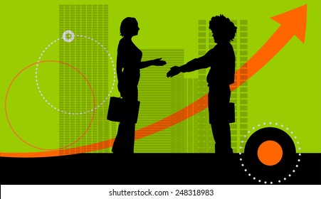 Vector illustration with silhouettes of people on green background.
