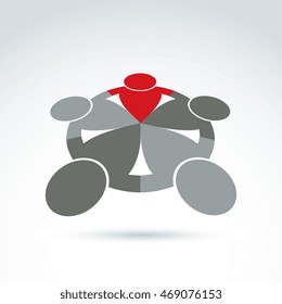 Vector illustration of silhouettes of people standing in circle - teamwork concept.  Cooperating team with a chief leader, community idea.