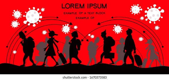 Vector illustration Silhouettes of people, tourists, migrating around the world. Allegory of the spread and infection of coronavirus among the population. The need for quarantine.