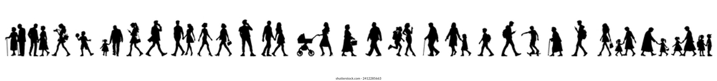 vector illustration. silhouettes of people walking along the street. Large set of characters of different ages.