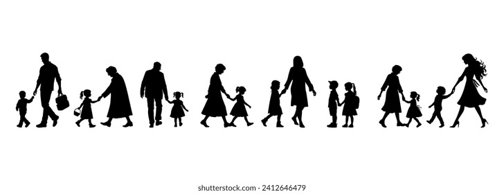 vector illustration. silhouettes of people walking along the street. Large set of characters of different ages.