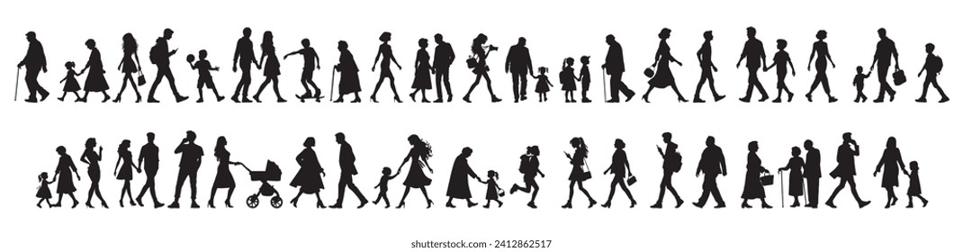 vector illustration. silhouettes of people walking along the street. Large set of characters of different ages.