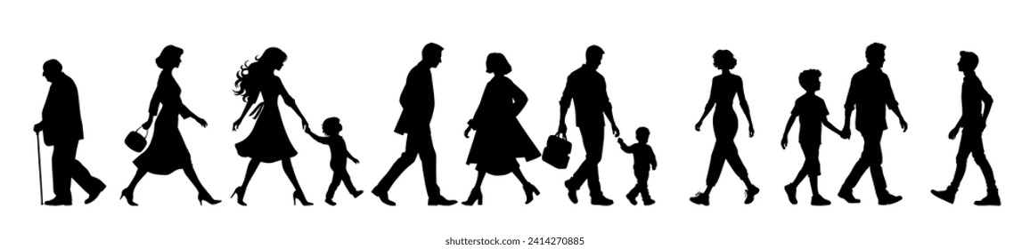 vector illustration. silhouettes of people walking along the street. Large set of characters of different ages.