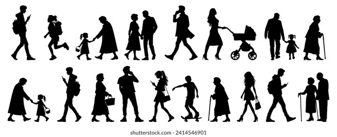 vector illustration. silhouettes of people walking along the street. Large set of characters of different ages.