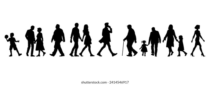 ilustración vectorial. siluetas de personas caminando por la calle. Gran conjunto de caracteres de diferentes edades.