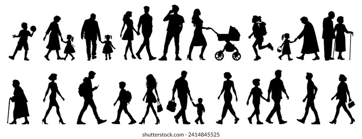 vector illustration. silhouettes of people walking along the street. Large set of characters of different ages.