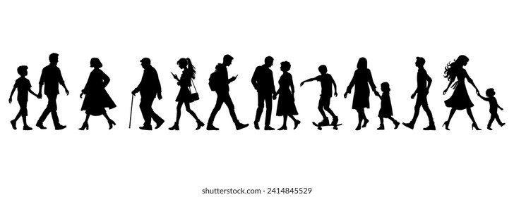 vector illustration. silhouettes of people walking along the street. Large set of characters of different ages.