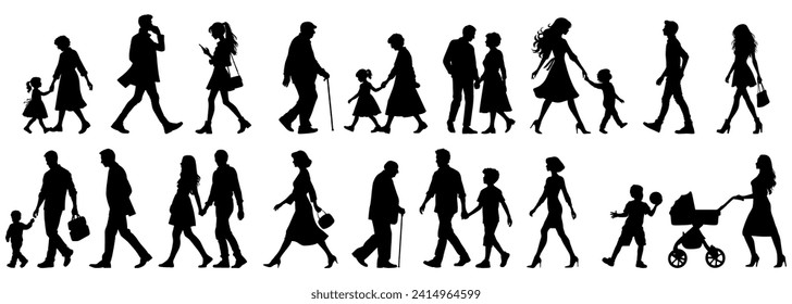 vector illustration. silhouettes of people walking along the street. Large set of characters of different ages.