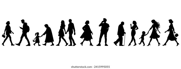 vector illustration. silhouettes of people walking along the street. Large set of characters of different ages.