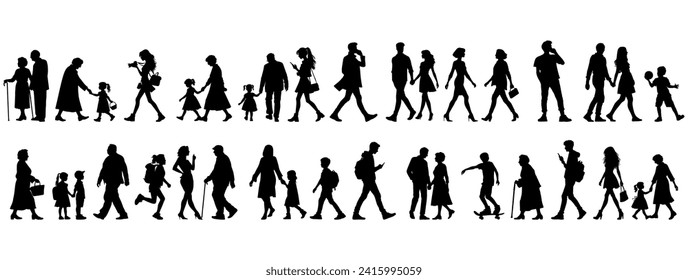 vector illustration. silhouettes of people walking along the street. Large set of characters of different ages.