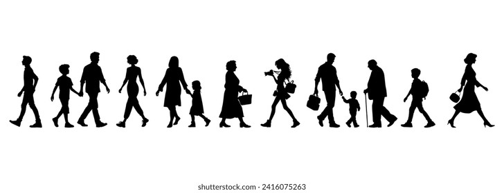 vector illustration. silhouettes of people walking along the street. Large set of characters of different ages.