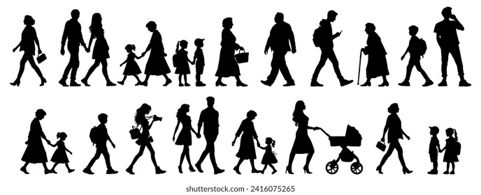 vector illustration. silhouettes of people walking along the street. Large set of characters of different ages.