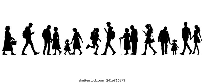 vector illustration. silhouettes of people walking along the street. Large set of characters of different ages.