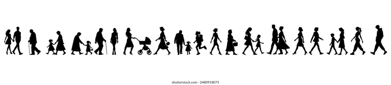 vector illustration. silhouettes of people walking along the street. Large set of characters of different ages.	