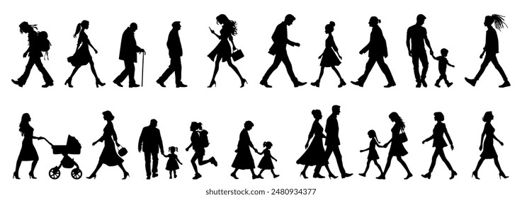 vector illustration. silhouettes of people walking along the street. Large set of characters of different ages.	
