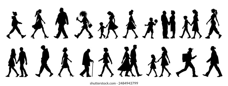 vector illustration. silhouettes of people walking along the street. Large set of characters of different ages.	
