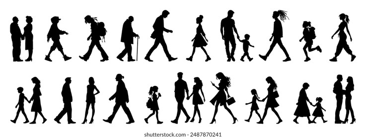 vector illustration. silhouettes of people walking along the street. Large set of characters of different ages.	
