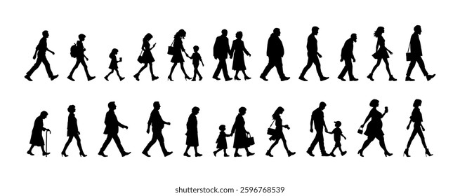 vector illustration. silhouettes of people walking along the street. Large set of characters of different ages