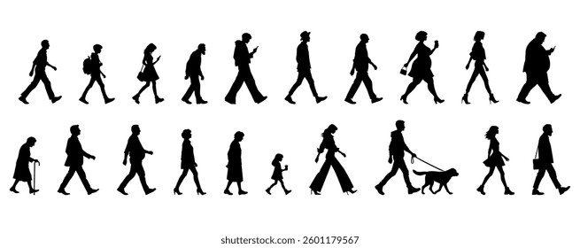 vector illustration. silhouettes of people walking along the street. Large set of characters of different ages