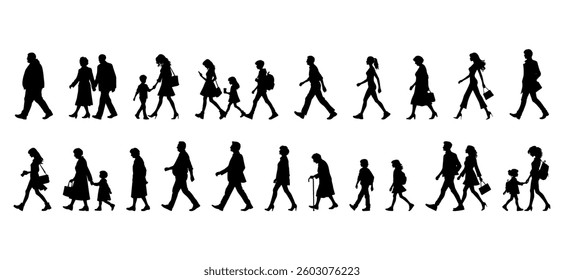 vector illustration. silhouettes of people walking along the street. Large set of characters of different ages
