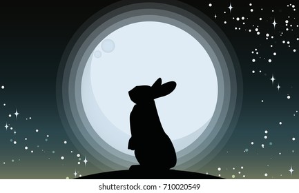 Vector illustration of silhouettes of a rabbit looking at the full moon. Night sky with stars and milky way.Vector illustration background.