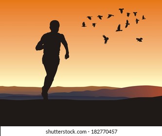 vector illustration silhouettes runners at sunrise 