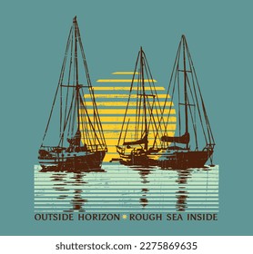 Vector illustration of silhouettes of sailboats at sunset. Art for printing on t-shirts, posters and etc...