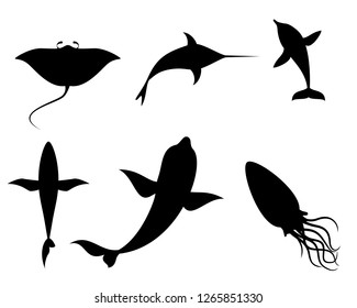 Vector illustration of silhouettes of sea creatures