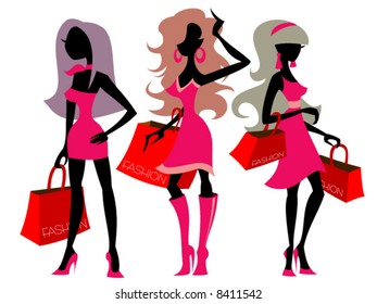 vector illustration with silhouettes of shopping girls
