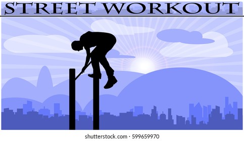 Vector illustration silhouettes of street workout people on city background 