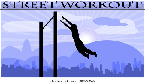 Vector illustration silhouettes of street workout people on city background 