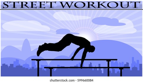Vector illustration silhouettes of street workout people on city background 