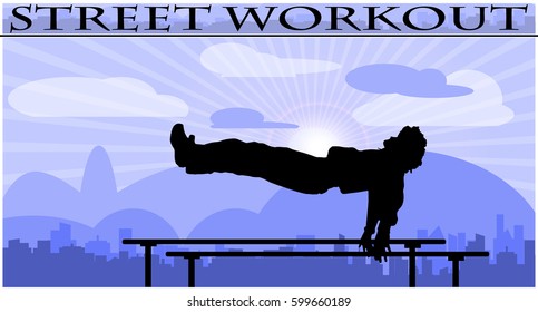 Vector illustration silhouettes of street workout people on city background 