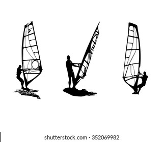 Vector illustration with silhouettes of three windsurfer