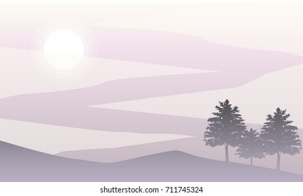 Vector illustration of silhouettes of trees on the hill with sun and purple sky. Nature landscape background.
