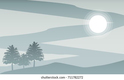 Vector illustration of silhouettes of trees on the hill with sun and green sky. Nature landscape background.