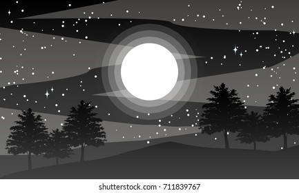 Vector illustration of silhouettes of trees on the hill with moon , star , milky way and black sky.  Nature landscape background.