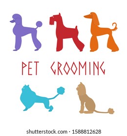Vector illustration with silhouettes of trimmed pets: dogs and cats. Theme of pet care, grooming. Animal silhouettes for logo design