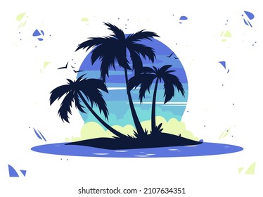 vector illustration of silhouettes of tropical palm trees with the silhouette of an island in the sea