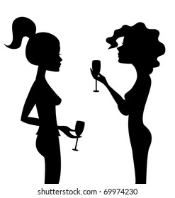 Vector illustration. Silhouettes of two talking women with wine