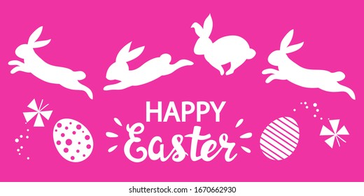Vector illustration with silhouettes of white rabbits, eggs and the inscription happy Easter on a raspberry background. Spring concept, Easter holiday