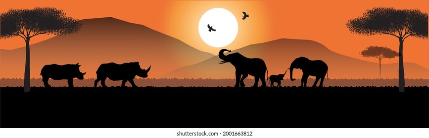 
Vector illustration of silhouettes of wild animals of Africa, elephants, and rhinos, against the backdrop of the sun and landscape.

