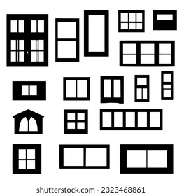 Vector illustration. Silhouettes of window frames. A large set of decorations.